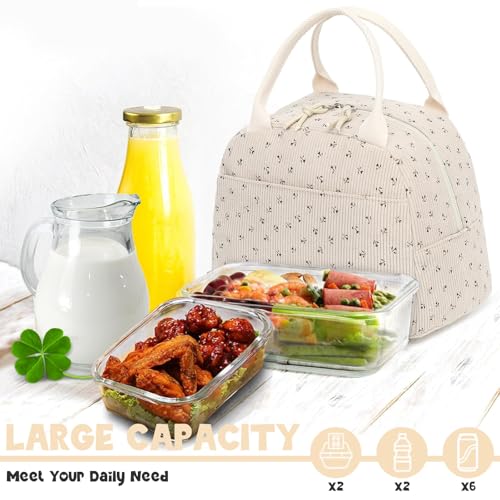 Lunch Bag for Women Men Cute Corduroy Lunch Tote Bags Reusable Insulated Lunch Box Large Capacity Reusable Insulated Cooler for Work Picnic or Travel (Red Flower Beige / 10L)