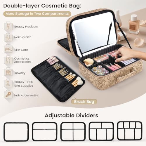 Makeup Bag with LED Lighted Mirror 12.2 IN Cosmetic Train Case Double Layer (12.2 Inch Khaki Floral / 0-Double Layer)