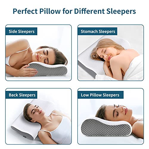 Neck Pillow Memory Foam for Pain Relief Bed Pillow for Sleeping (White&grey)
