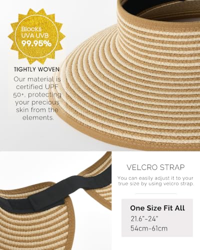 Womens Sun Hat with Ponytail Hole Wide Brim Beach Straw Visor (Medium / 04-khaki Beige Stripes)