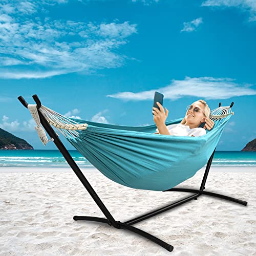 Double Hammock with Stand Included 450lb Capacity Steel Stand (Cyan)