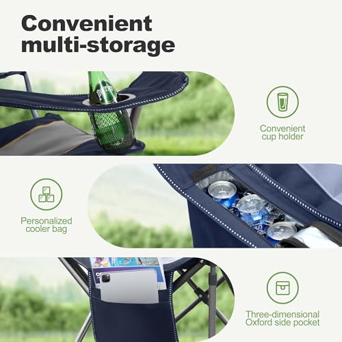 Folding Camping Chair Oversized Heavy Duty Padded Outdoor Chair with Cup Holder Storage and Cooler Bag (Navy Blue / Single Pack)