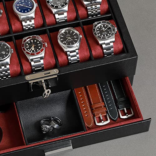 10 Slot Watch Box in Leather with Valet Drawer (Black/Red)