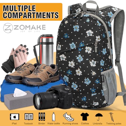 Lightweight Packable Backpack 20L (20 L / Black, White Polka Dot Floral)