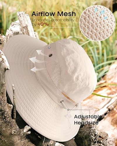 Womens Sun Hat with Ponytail Hole Beach Hiking Summer Wide Brim UPF 50+ Outdoor Protection Foldable Bucket Hat Beige (Beige)