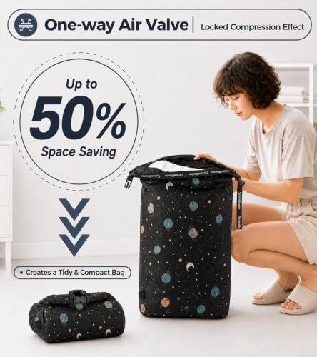 Compression Travel Laundry Bag for Dirty Clothes (Black Planet / Large)