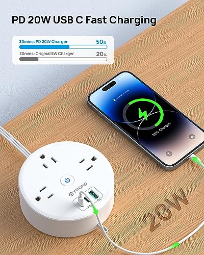 20W USB C Travel Power Strip (5ft Fully Retractable Cord / PD 20W USB C / White)