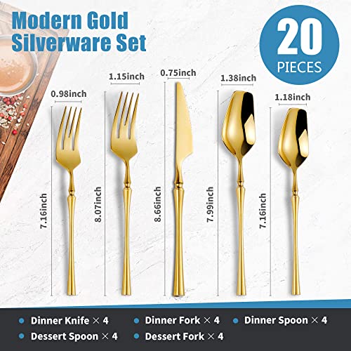 20 Piece Gold Silverware Set for 4 (Gold 20 Pieces Set with Dessert Spoon)