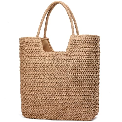 Straw Beach Bags for Women Summer Tote Bag Boho Shoulder Purse (C Khaki)