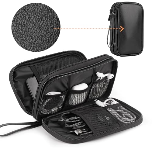 PU Leather Cable Organizer Double Layer Travel Pouch (Black / M)