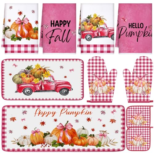 10 Pcs Fall Thanksgiving Pumpkin Kitchen Decor Set Pink (Light Pink / Cute Pumpkin)