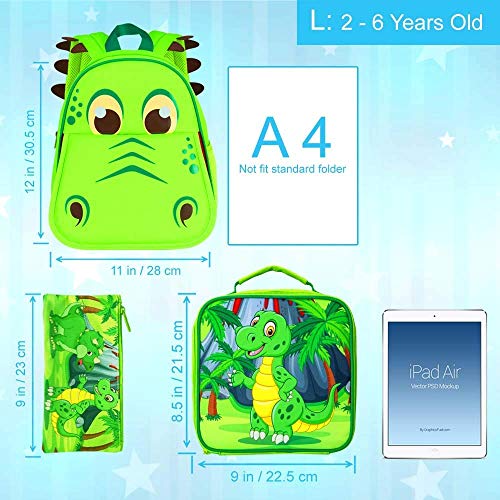 3PCS Toddler Backpack for Boys (12-inch Green Dinosaur 3pc)