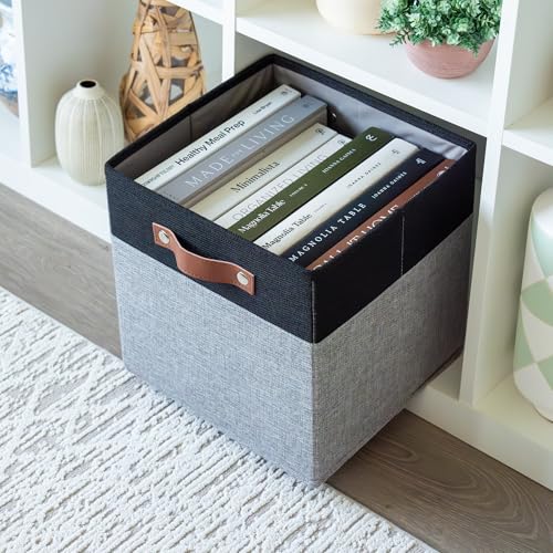 11x11 Cube Storage Bins (Gray Base / Black / (11x11) Leather Handles)