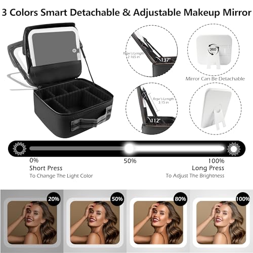 Rechargeable Travel Makeup Vanity Mirror with Partitionable Cosmetic Bag (Black / Smooth)