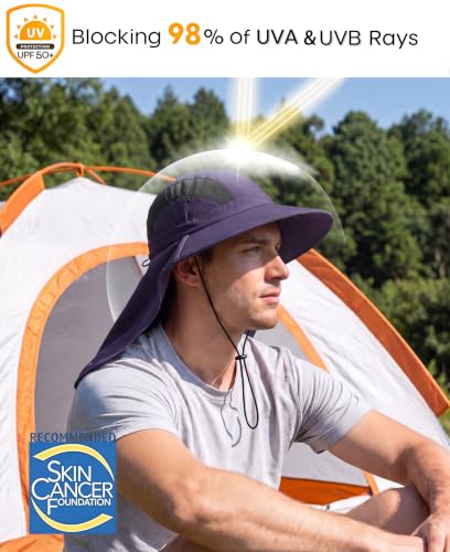 UPF 50+ Wide Brim Mens Sun Hat with Neck Flap Mesh Fishing Hat Wide Flap Summer Beach Bucket Hat for Men Women Navy Blue (Navy Blue)