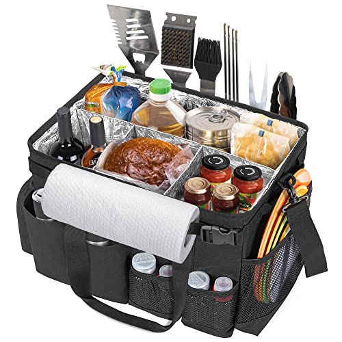Large Grill Utensil Caddy with Paper Towel Holder for Cook Supplies (Black)