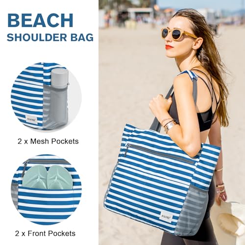 Beach Bag Waterproof Sandproof Large Capacity Foldable for Women (35L / Navy Stripe)