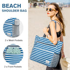 Beach Bag Waterproof Sandproof Large Capacity Foldable for Women (35L / Navy Stripe)