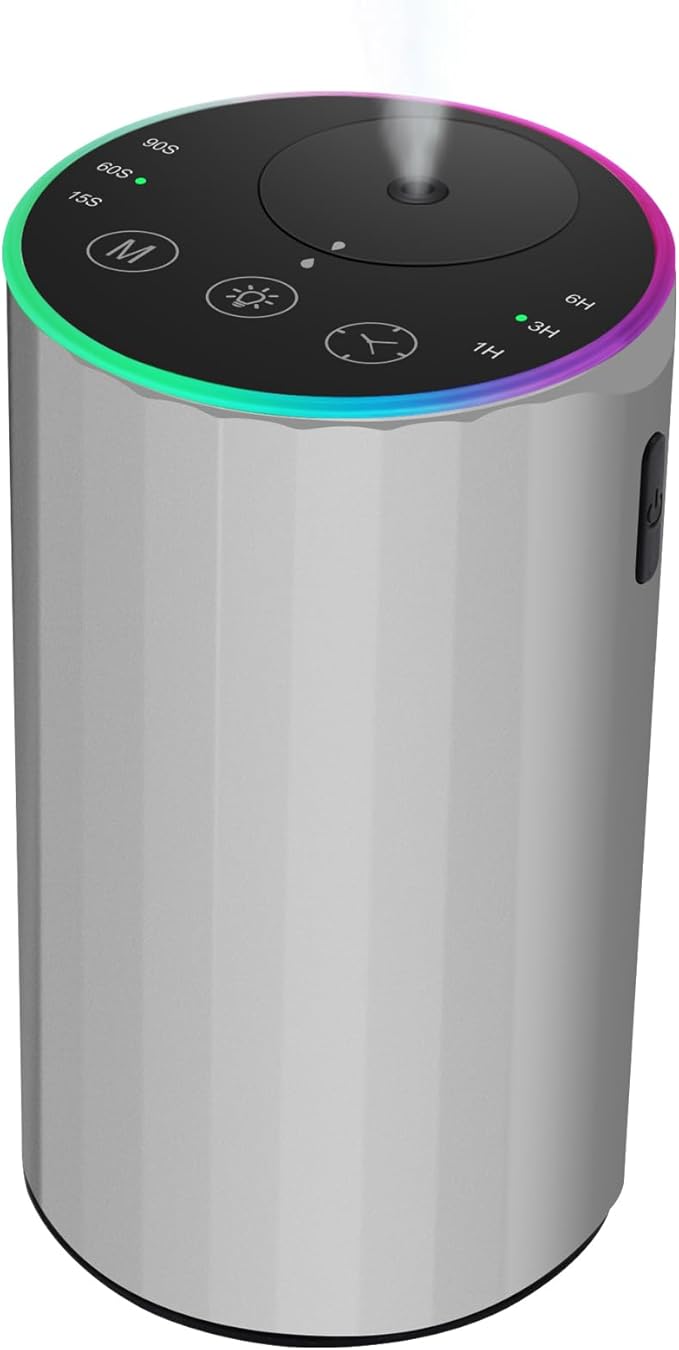 Waterless Essential Oil Diffuser, Battery Powered Mini Scent Air Machine, Aromatherapy Mist Diffuser for Home Room Car Office (Silver)