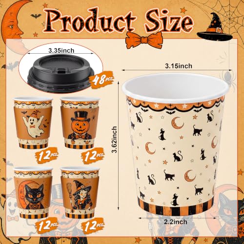 48 sets 8 oz Halloween Disposable Coffee Cups with Lids and Sleeves (Pumpkin)
