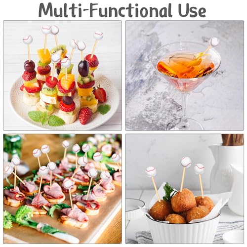 100 Pieces Baseball Decorative Sports Ball End Cocktail Skewers 4.7 Inch Bamboo Cocktail Picks Wooden Decorative Fruit Toothpicks for Appetizers Bar Drinks Fruit Sandwich Buffets Party Supplies (Baseball)