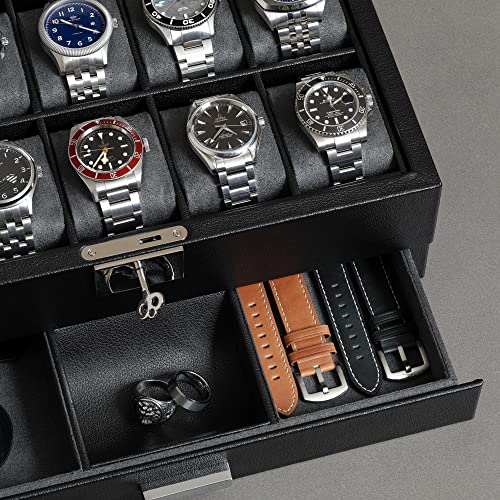 10 Slot Watch Box in Leather with Valet Drawer (Black/Grey)