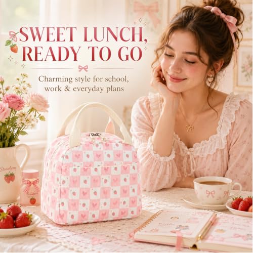 Lunch Bag for Women Cute Corduroy Lunch Tote Bags with Shoulder Strap Reusable Insulated Lunch Box Large Capacity Reusable Insulated Cooler for Work Picnic or Travel (Strawberry Bow 246 / 10L)