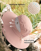 Womens Sun Hat with Ponytail Hole Beach Hiking Summer Wide Brim UPF 50+ Outdoor Protection Foldable Bucket Hat Pink (Pink)