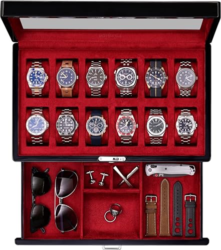 12 Slot Piano Black Watch Box with Valet Drawer (Piano Black / Red)