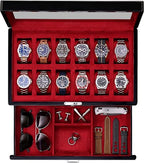 12 Slot Piano Black Watch Box with Valet Drawer (Piano Black / Red)