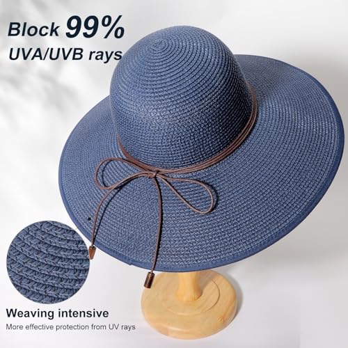 Womens Sun Straw Hat Bowknot Hat Summer Wide Brim Bucket Hats Foldable Beach Sun Hats Roll up UPF 50+ (1 Pack Bowknot Hat: Navy Blue, 4.7" Brim)