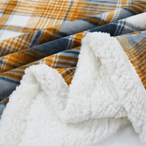 Sherpa Blanket Twin Plaid Thick Bed Blanket (Blue Yellow Check / 60"*80")