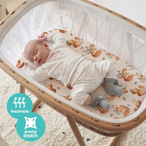 Stretch Fitted Bassinet Sheet Set BROLEX 2 Pack Cradle Sheets for Bassinet Pad (Squirrel Foliage / 32x16 Inch)