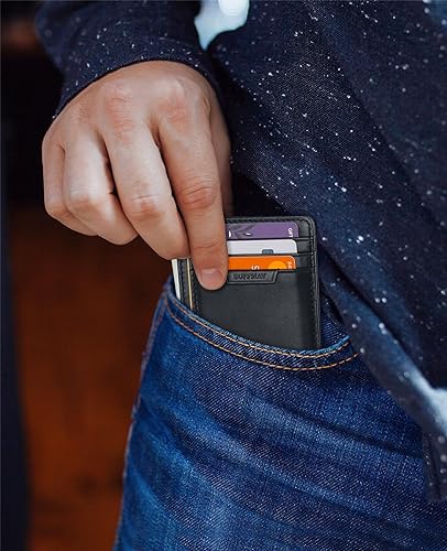 Slim Wallet for Men Women Minimalist Small Leather Front Pocket Wallets with RFID Blocking and Gifts Box (Small / Bassa Black)