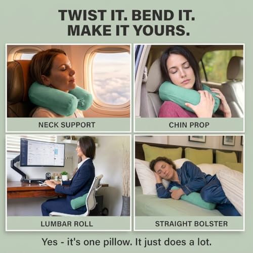 Twist Memory Foam Travel Pillow for Airplanes (Green / Adjust (26" w/ cord))