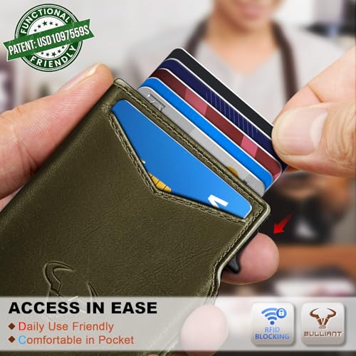 Men Slim Leather Wallet Metal Case Money Clip (Olive3853)