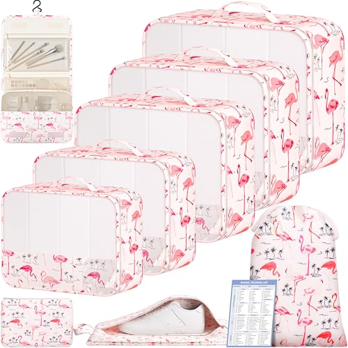 9 Set Packing Cubes with Packing List Luggage Packing Organizers for Travel Accessories (Flamingo)