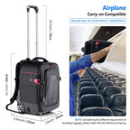 2-in-1 Rolling Camera Backpack Trolley Case - Anti-shock Detachable Padded Compartment, Hidden Pull Bar, Durable, Waterproof for Camera,Tripod,Flash Light,Lens,Laptop for Air Travelling(Black) (Nw-da410t)