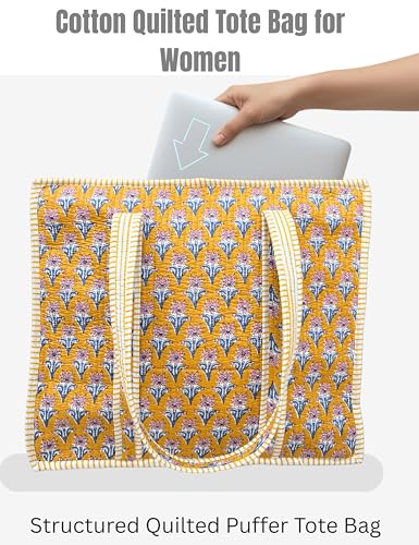 100% Cotton Quilted Tote Bag For Women (Gamboge Cherry Block Print)