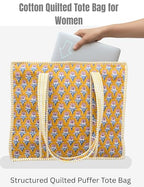 100% Cotton Quilted Tote Bag For Women (Gamboge Cherry Block Print)