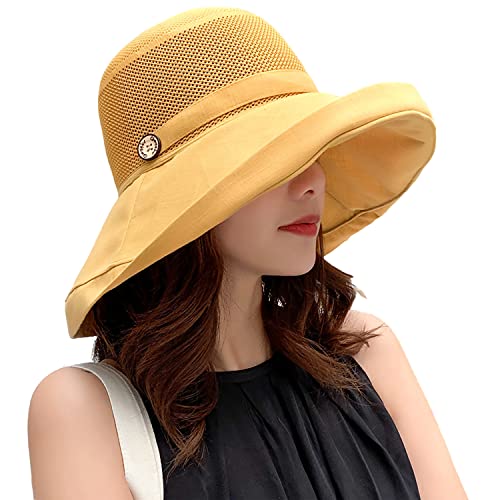 Women Mesh Crown Wide Brim Sun Hats Summer UV Protection UPF Hat for Beach Hiking Garden Travel Lawn Work Chin Strap (One Size / B5-fyu001-yellow)
