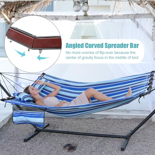 12FT 2 Person Hammock with V Shaped Spreader Bar (Blue Stripes)