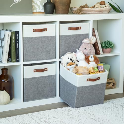12x12 Cube Storage Bins (Gray Base / Off-White / (12x12) Leather Handles)
