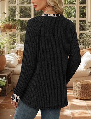 Fall Outfits for Women 2026 Black Long Sleeve Shirts for Women Casual Going Out Tops Trendy Womens Sweaters Lightweight Fashion Winter Clothing Business Dressy Tunic Knit (X-Large / 08-black Leopard)