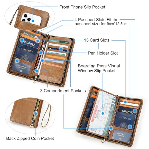 Full Grain Leather Travel Family Passport Holder for 4 Passport Wallet RFID Blocking Passports Organizer 3 Layer Design Fit 4 Passports (Camel Brown)