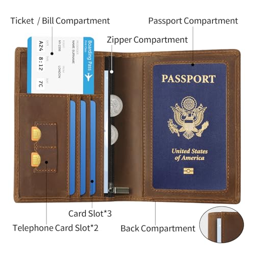 Leather Passport Cover for Men Women (Dark Brown)