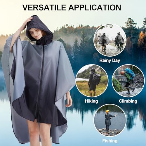 Rain Poncho Jacket Coat Hooded Zipper Style for Women (One Size / Gradient Gray)