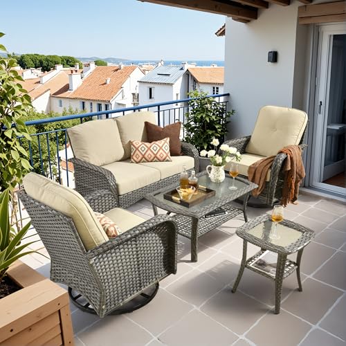 Patio Furniture Set (5 PCS Loveseat Rocking Chair Set / Beige Tan)