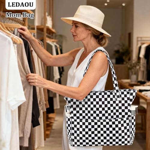 Large Beach Bag for Women (Black White Grid)