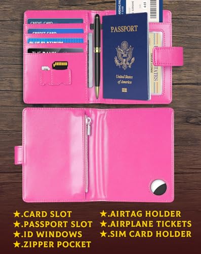 Passport Holder Wallet Cover for Travel with Airtag RFID for Women Men (Pink)